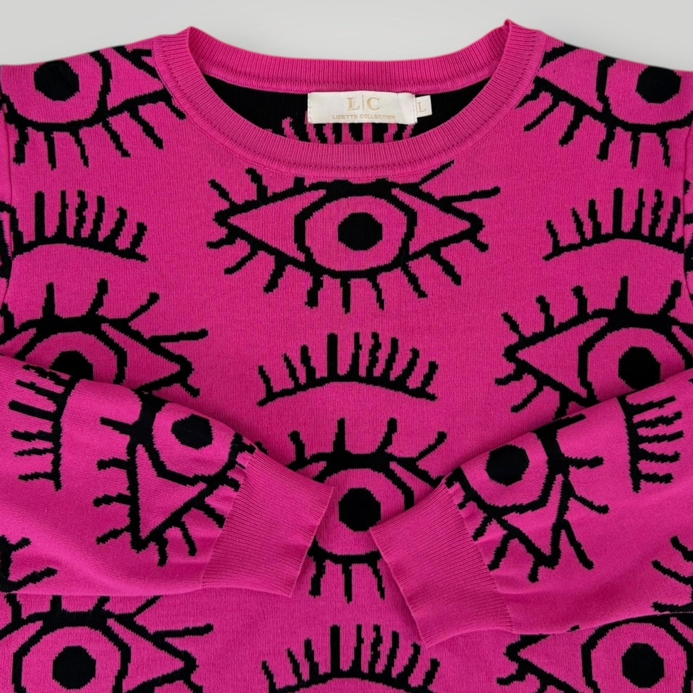 Lizette Collection Sweater Womens L Pink Eye Graphic Knit Y2K Pullover - Picture 4 of 7